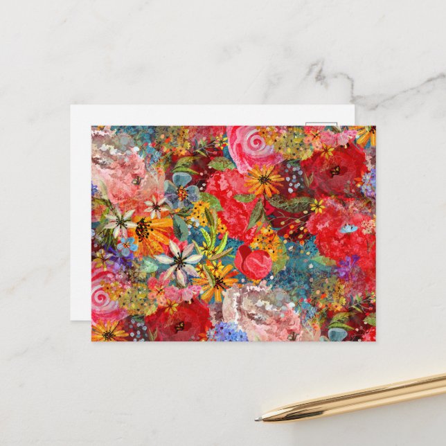 Carte Postale Beau motif floral Abstrait coloré brillant (Devant/Arrière en situation)