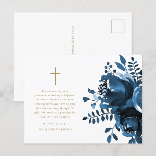 Carte Postale Beau motif floral bleu et croix pour remerciements