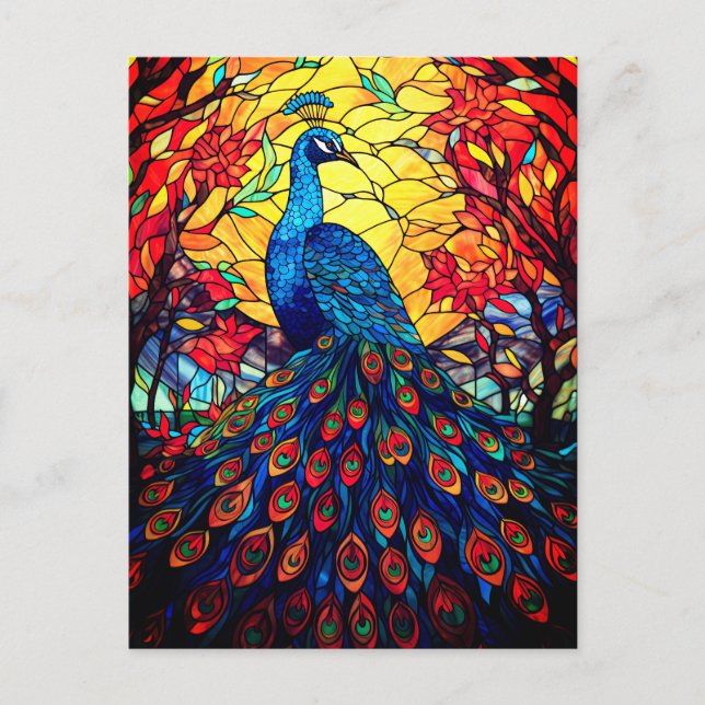 Carte Postale Beau Peacock Vitrail Art de la faune (Devant)