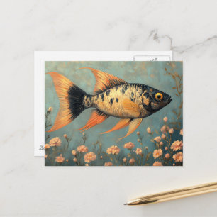 Carte Postale Beau Poisson noir tacheté et Fleurs roses