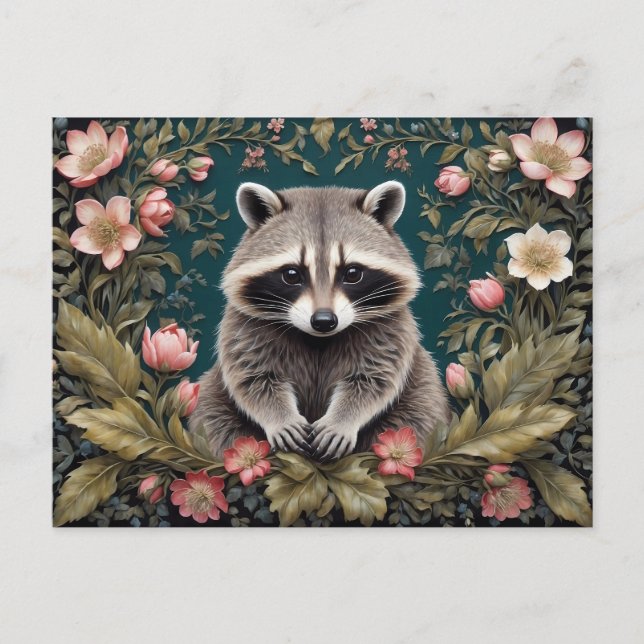 Carte Postale Beau Racoon rose floral (Devant)
