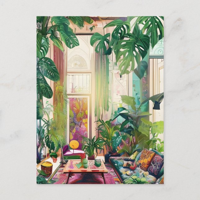 Carte Postale Beau Salon Plein de Plantes tropicaux (Devant)
