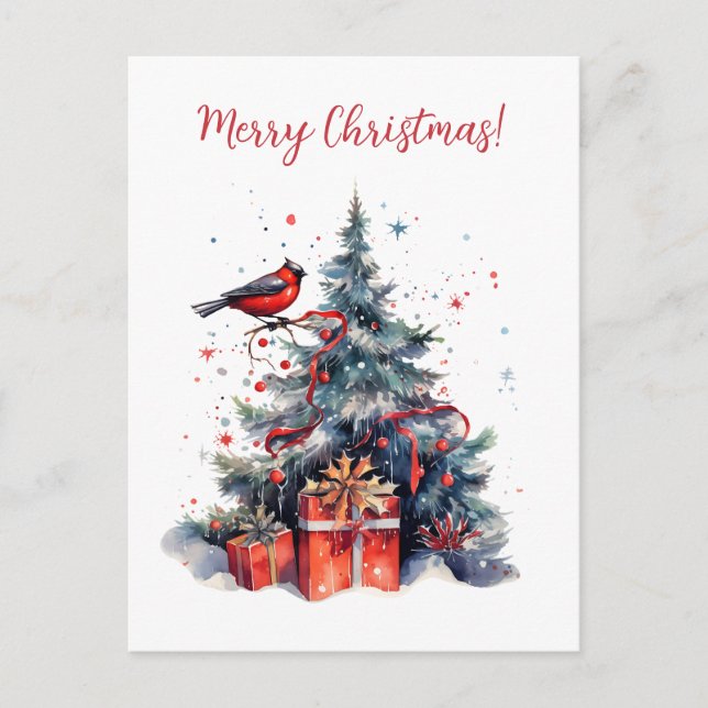 Carte Postale Beau sapin de Noël avec Graphisme d'oiseaux (Devant)