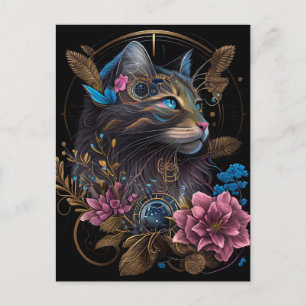Carte Postale Beau steampunk Maine Coon avec fleurs IA art