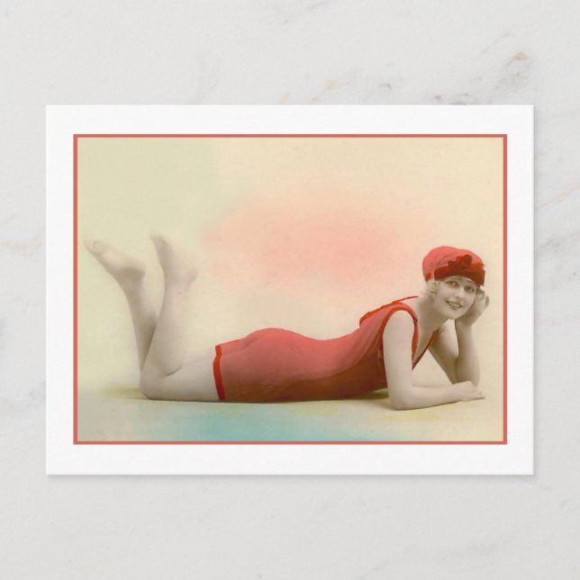 Carte Postale Beauté de bain en combinaison rouge orange (Devant)