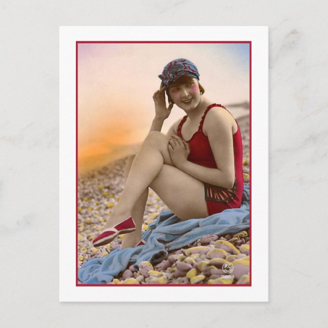 Carte Postale Beauté de bain en maillot de bain rouge (Devant)