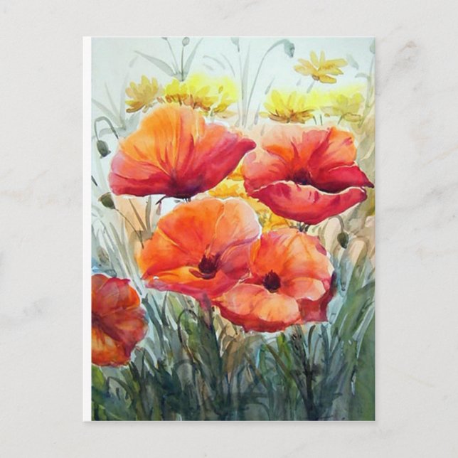 CARTE POSTALE BEAUTÉ DES PAVOTS DE FLEUR, PEINTURE D'AQUARELLE (Devant)