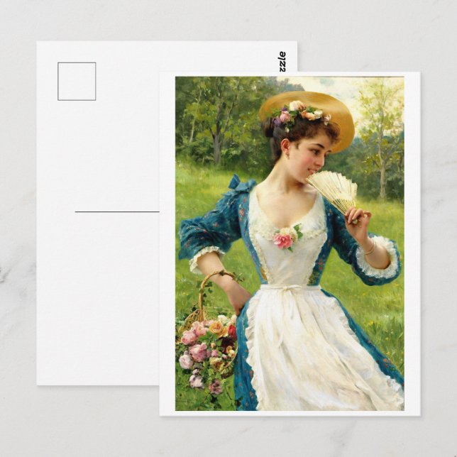 Carte Postale Beauté Jeune Avec Panier De Roses (Devant / Derrière)