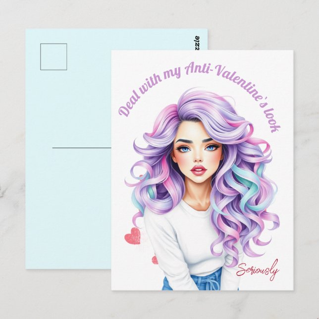 Carte Postale Beauté rebelle aux cheveux longs`s Anti-Valentine  (Devant / Derrière)