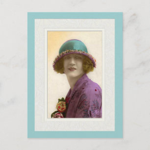 Carte Postale Beauté victorienne en chapeau robe sarcelle pourpr