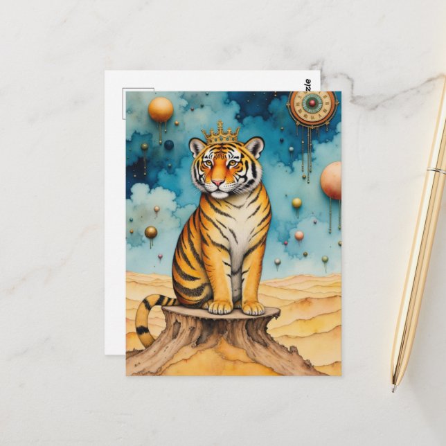 Carte Postale Beautiful Cute Tiger in a Gold Crown (Devant/Arrière en situation)