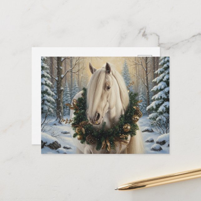 Carte Postale Beautiful Palomino Horse Winter Forest Christmas (Devant/Arrière en situation)