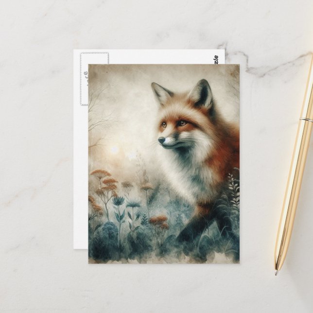 Carte Postale Beautiful Red Fox Watercolor (Devant/Arrière en situation)