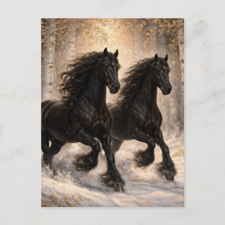 Carte Postale Beaux Chevaux Noirs Forêt d'Hiver