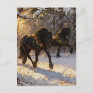 Carte Postale Beaux Chevaux Noirs Forêt d'Hiver Noël