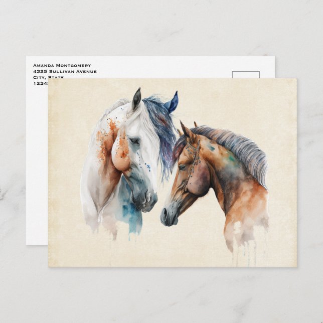 Carte Postale Beaux Chevaux Style Boho Occidental (Devant / Derrière)