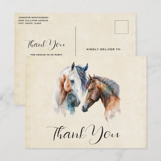 Carte Postale Beaux Chevaux Western Boho Style Merci (Devant / Derrière)