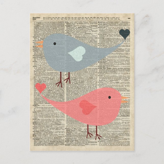 Carte Postale Beaux Oiseaux De Cartoon Sur La Page Du Livre Vint (Devant)