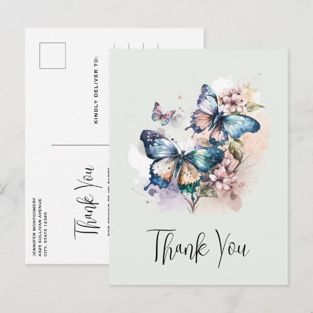 Carte Postale Beaux Papillons et Fleurs Merci (Devant / Derrière)