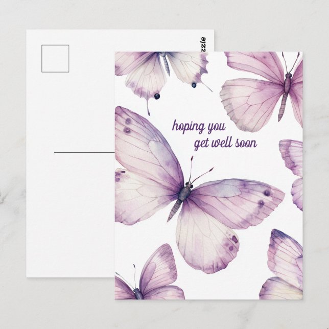 Carte Postale Beaux Papillons Violets RÉTABLISSEMENT RAPIDE (Devant / Derrière)