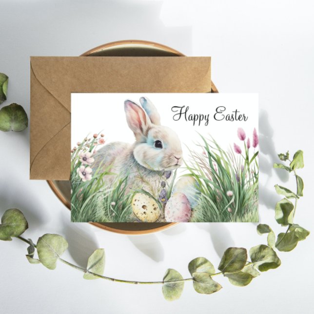 Carte Postale Beaux voeux de Pâques : Lapin Aquarellé et Oeufs (Créateur téléchargé)
