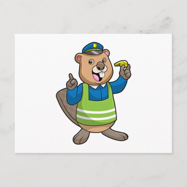 Carte Postale Beaver en tant qu'agent de police avec sifflet (Devant)