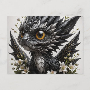 Carte Postale Bébé adorable Dragon noir Fleurs blanches