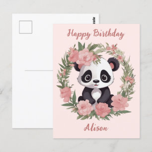 Carte Postale Bébé adorable Panda Ours avec fleurs