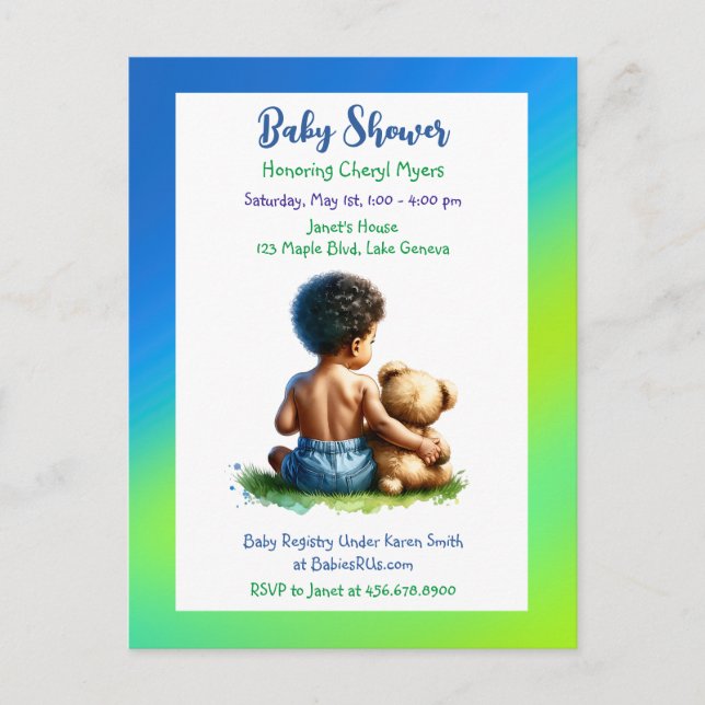 Carte Postale Bébé afro-américain avec Baby shower Teddy (Devant)