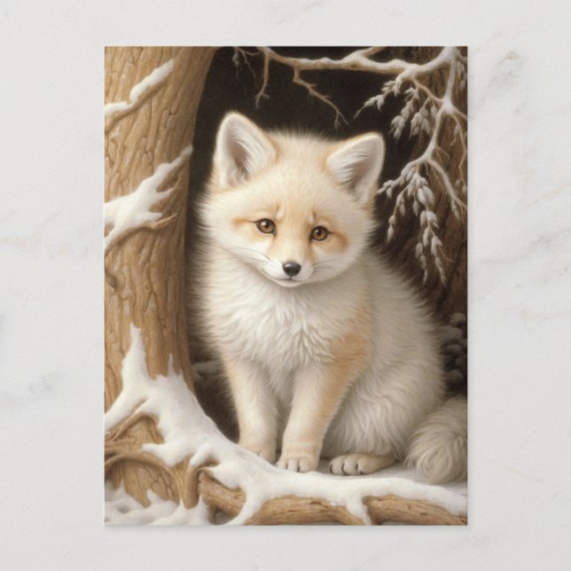 Carte Postale Bébé blanc mignon renard dans la neige (Devant)
