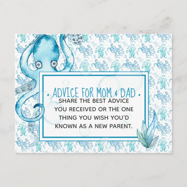 Carte Postale Bébé bleu Baby shower Octopus Conseils pour maman  (Devant)