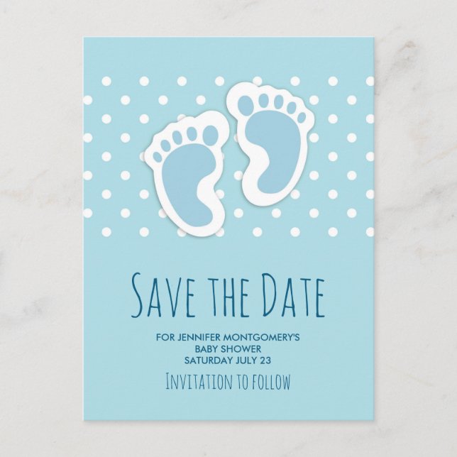 Carte Postale Bébé bleu mou Pieds de garçon Enregistrer la date (Devant)