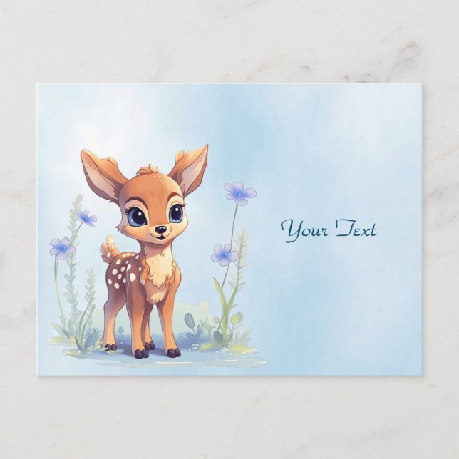 Carte postale bébé cerf aquarelle fleurs bleues (Devant)