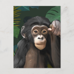 Carte Postale Bébé chimpanzé mignon Feuilles de la jungle tropic