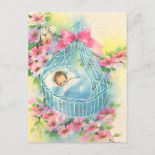 Carte Postale Bébé dans une corbeille bleue