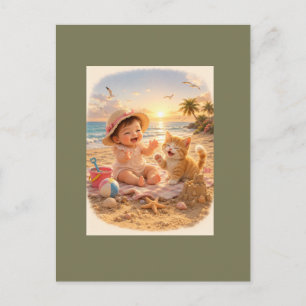 Carte Postale Bébé de la plage et joie du château de sable du ch