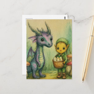 Carte Postale Bébé dragon et elfe avec des œufs