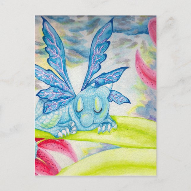 Carte Postale Bébé Dragon Fée bleu éclair fleur d'orage lis (Devant)