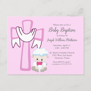 Carte Postale Bébé Fille Baptême Petit Agneau mignon rose Invita