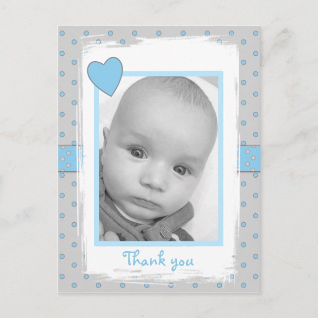Carte Postale Bébé garçon photo merci pour le cadeau bleu et gri (Devant)