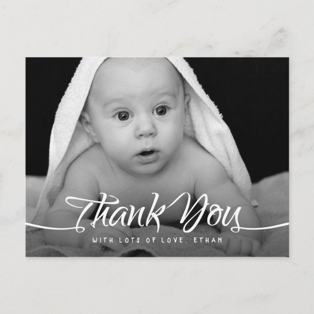 Carte Postale Bébé Merci Photo personnalisée Chic Script à main (Devant)