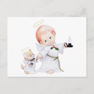 Carte Postale Bébé mignon Ange Et Chat