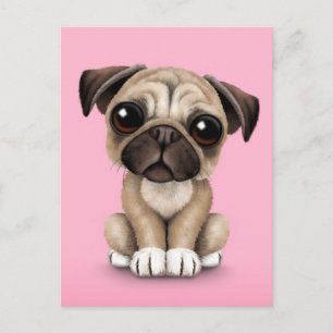 Carte Postale Bébé mignon Carlin Chien chiot sur rose