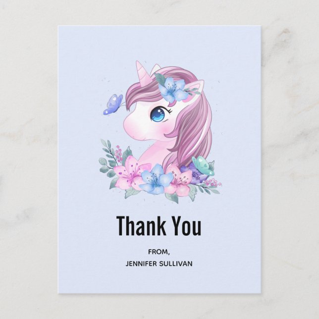 Carte Postale Bébé mignon et magique Unicorn Merci d'aquarelle (Devant)