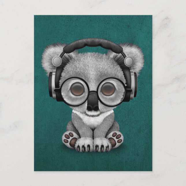 Carte Postale Bébé mignon Koala Ours Dj Portant un casque bleu (Devant)