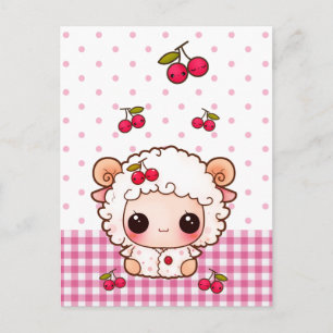 Carte Postale Bébé mignon mouton avec cerises kawaii