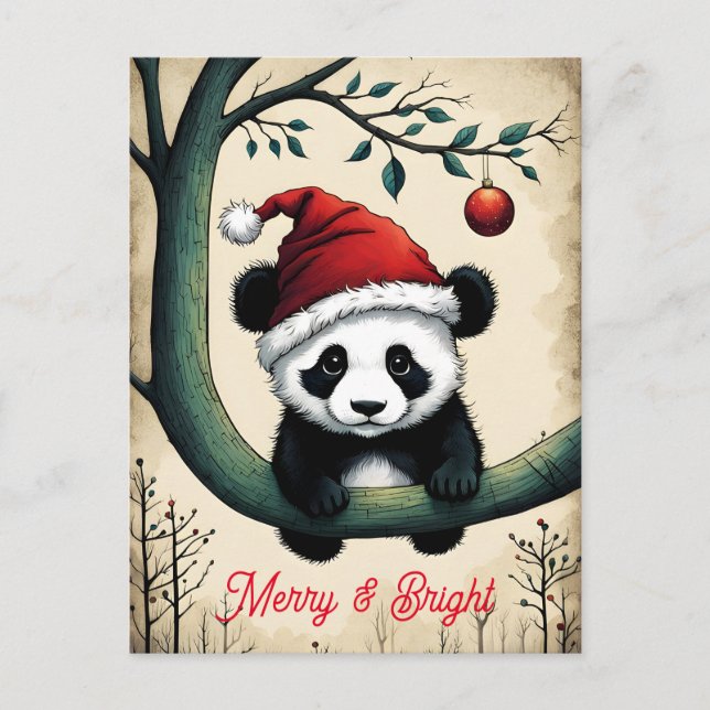 Carte Postale Bébé mignon Père Noël Panda sur la branche d'arbre (Devant)