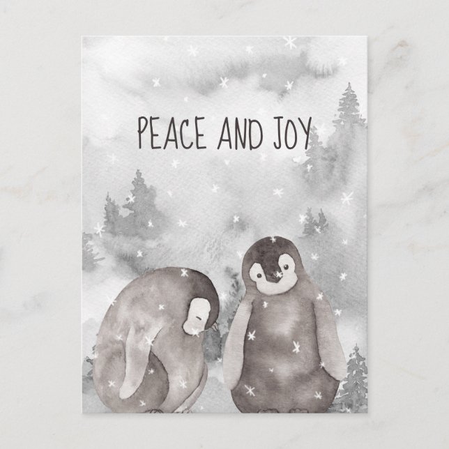 Carte Postale Bébé mignon pingouins hiver neige paix et joie (Devant)