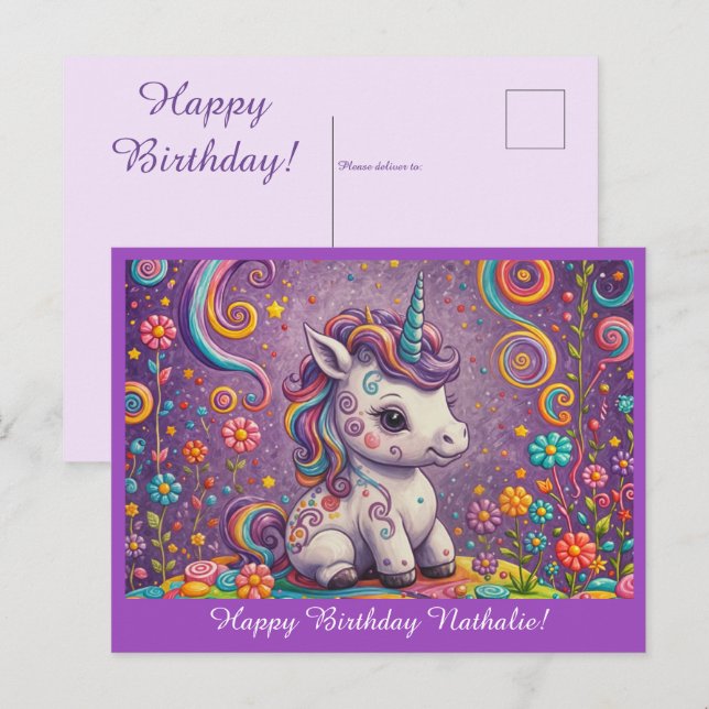 Carte Postale Bébé mignon Unicorn violet voeux d'anniversaire (Devant / Derrière)