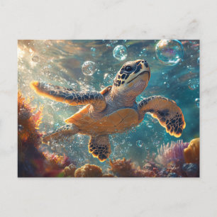 Carte Postale Bébé mignonne tortue de mer avec bulles